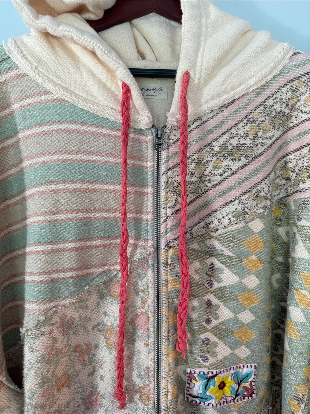 Free People Patchwork Zip-Up Hoodie in Pastel Multi with Coral Drawstrings - Picture 2 of 9